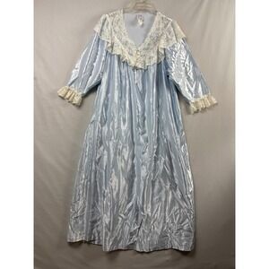 Eve Stillman Nightgown Women Small Blue Satin Lace Trim Vintage Maxi Long Sleeve